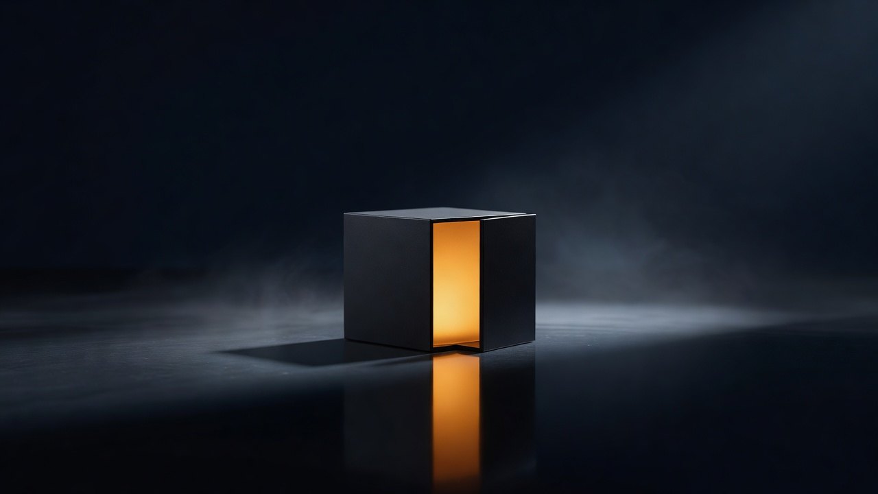 Matte black cube with a glowing amber core on a dark reflective surface