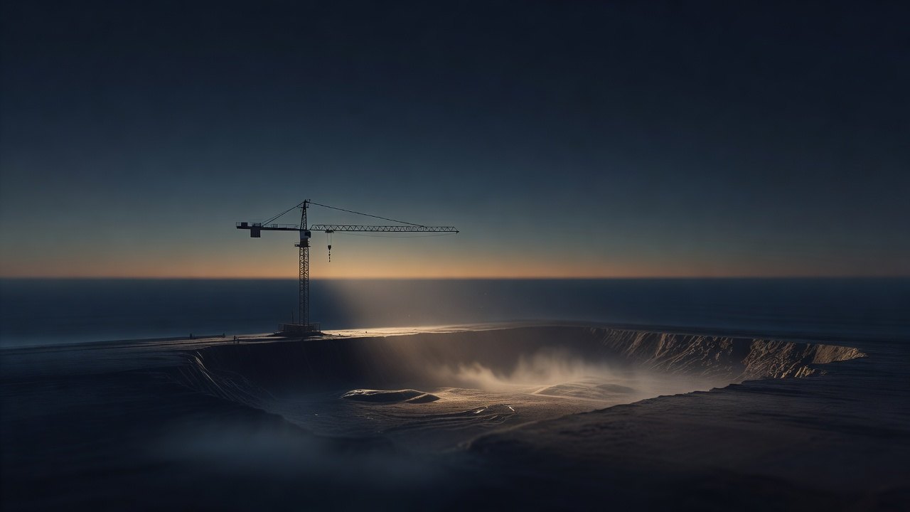 Tower crane over a misty excavation site at dusk