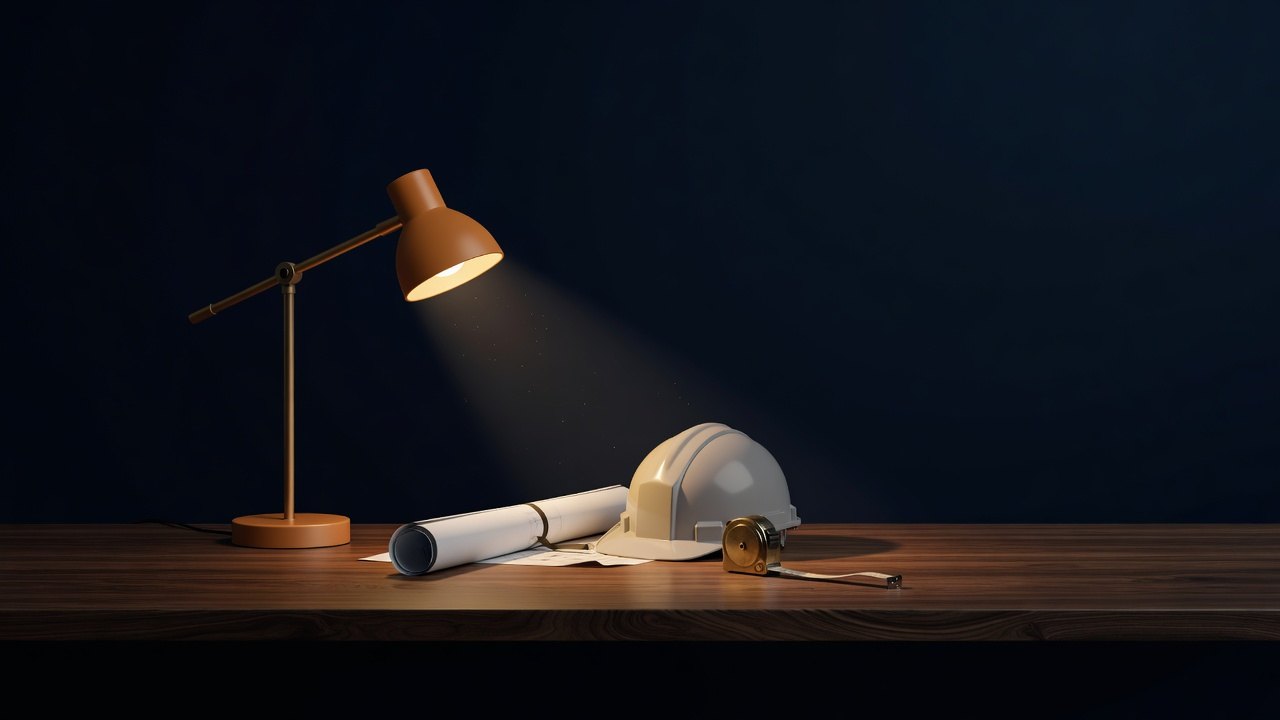 Hard hat, rolled blueprint and tape measure under a warm desk lamp